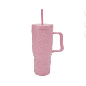 30 Ounce Pink Acrylic Double Wall Embossed Bows Tumbler with Straw and Handle
